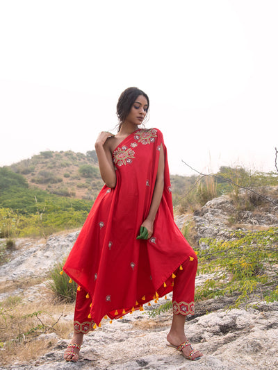 Morbagh Red Embroidered One Shoulder Cape With Pants