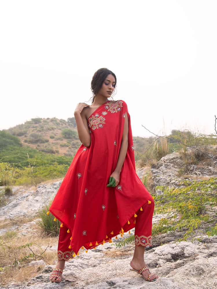 Morbagh Red Embroidered One Shoulder Cape With Pants