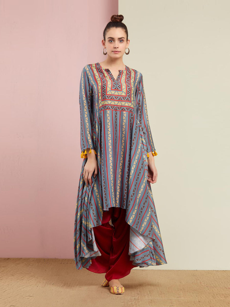 Morbagh Tribal Grey Tribal Asymmetric Kurta