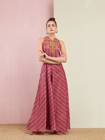 Morbagh Striped Rose Pink Embroidered And Printed Jumpsuit with Golden Belt