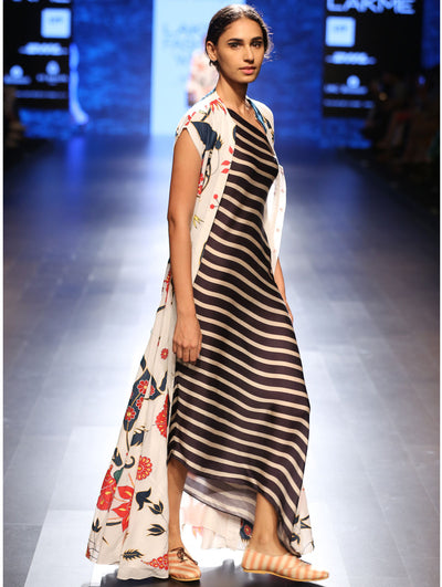 Bagh Applique Embroidered Jacket With Printed Striped Dress