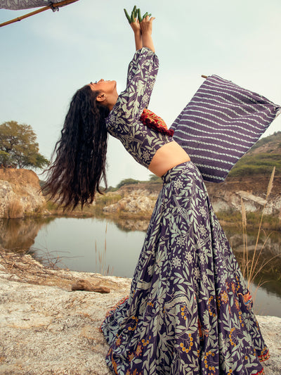 Morbagh Navy Printed Embroidered Lehenga With Crop Top