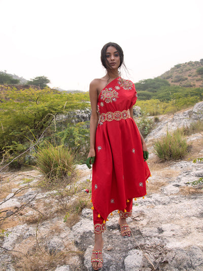 Morbagh Red Embroidered One Shoulder Cape With Pants