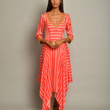 Pink Asymmetrical Printed Embroidered Stripe Dress