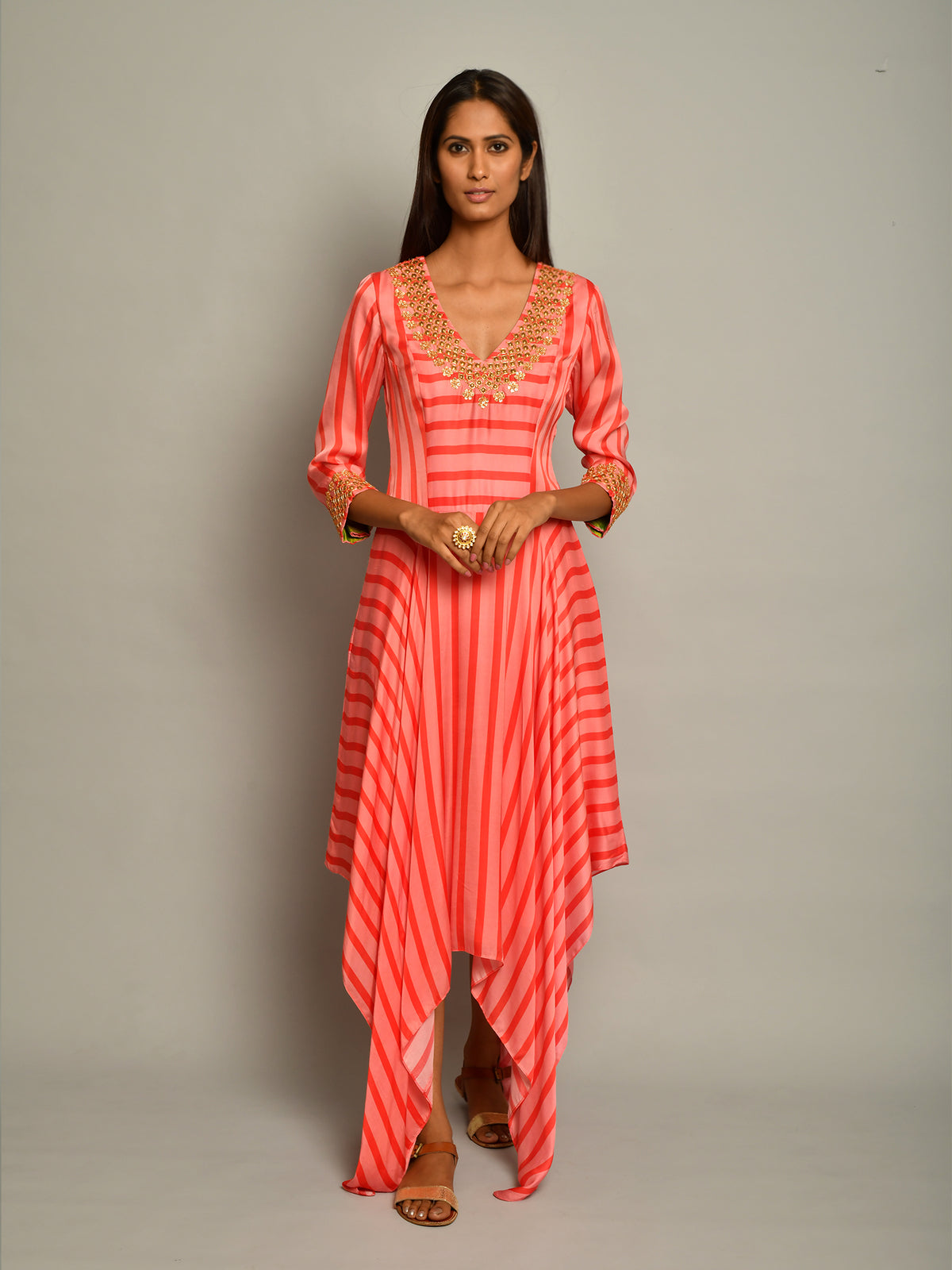 Pink Asymmetrical Printed Embroidered Stripe Dress