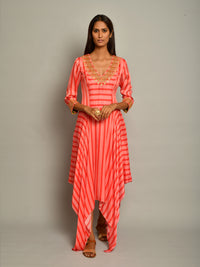 Pink Asymmetrical Printed Embroidered Stripe Dress