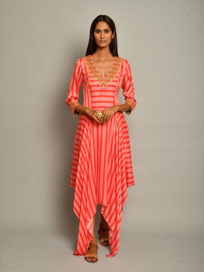 Pink Asymmetrical Printed Embroidered Stripe Dress