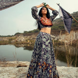 Morbagh Navy Printed Embroidered Lehenga With Crop Top