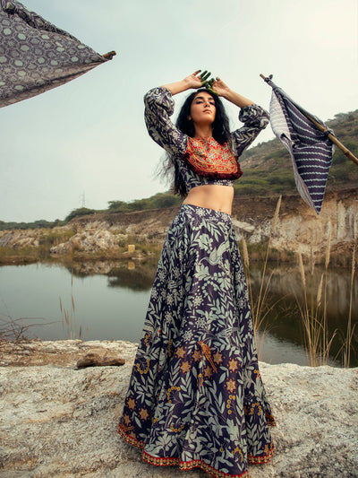 Morbagh Navy Printed Embroidered Lehenga With Crop Top