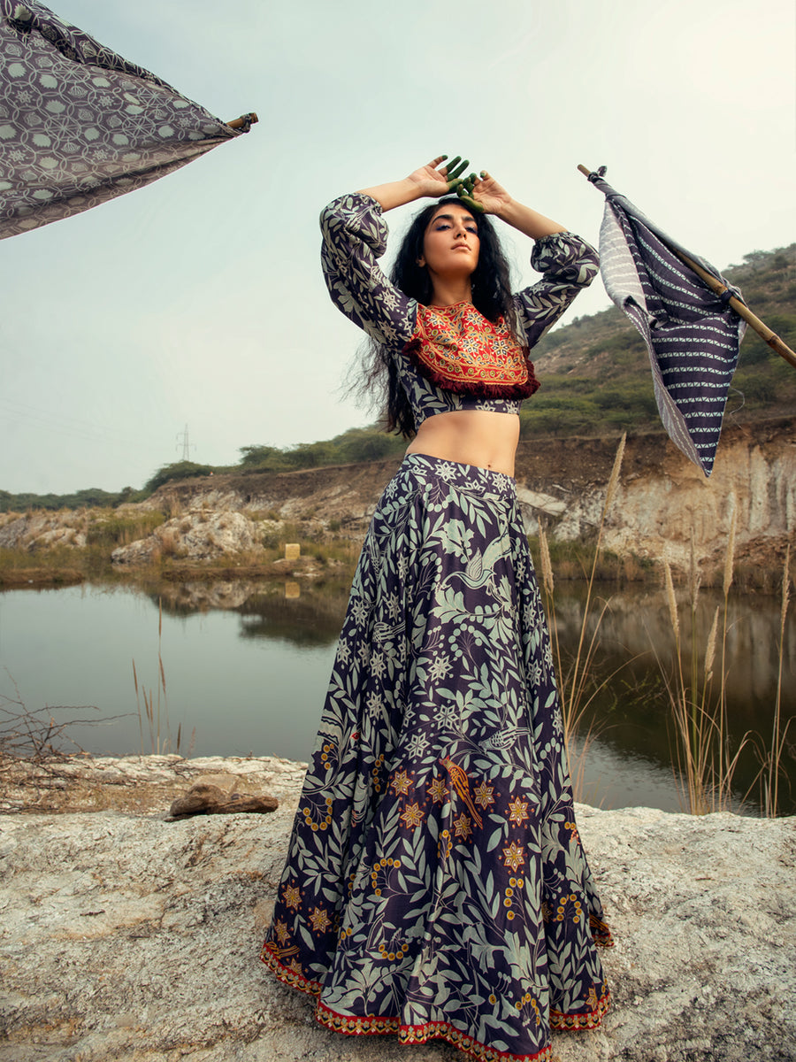 Morbagh Navy Printed Embroidered Lehenga With Crop Top