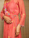 Rose Red Multi Applique Embroidered Wrap Dress with Scallops