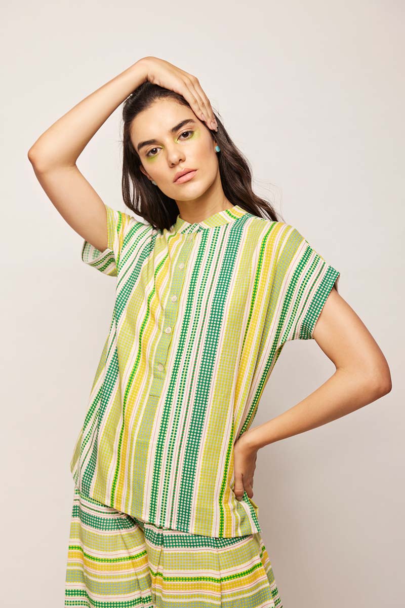 Dots Green Striped Top and Pleated Pants Set