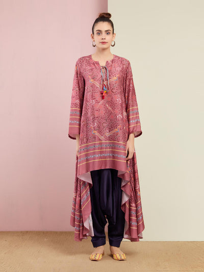 Morbagh Tribal Peacock Rose Pink Asymmetrical Embroidered Tunic