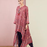 Morbagh Tribal Peacock Rose Pink Asymmetrical Embroidered Tunic
