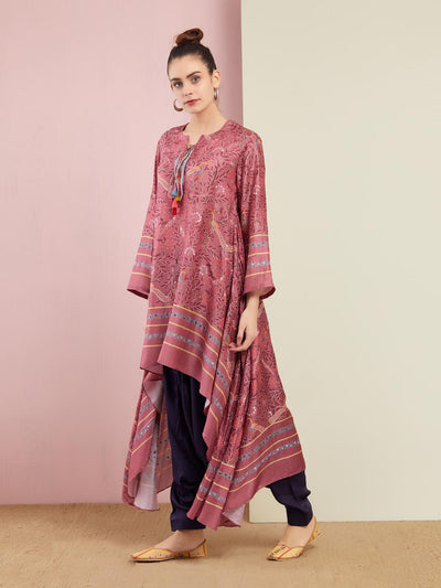 Morbagh Tribal Peacock Rose Pink Asymmetrical Embroidered Tunic