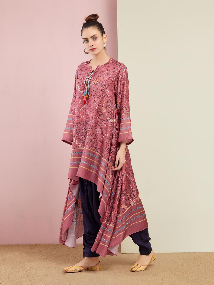 Morbagh Tribal Peacock Rose Pink Asymmetrical Embroidered Tunic