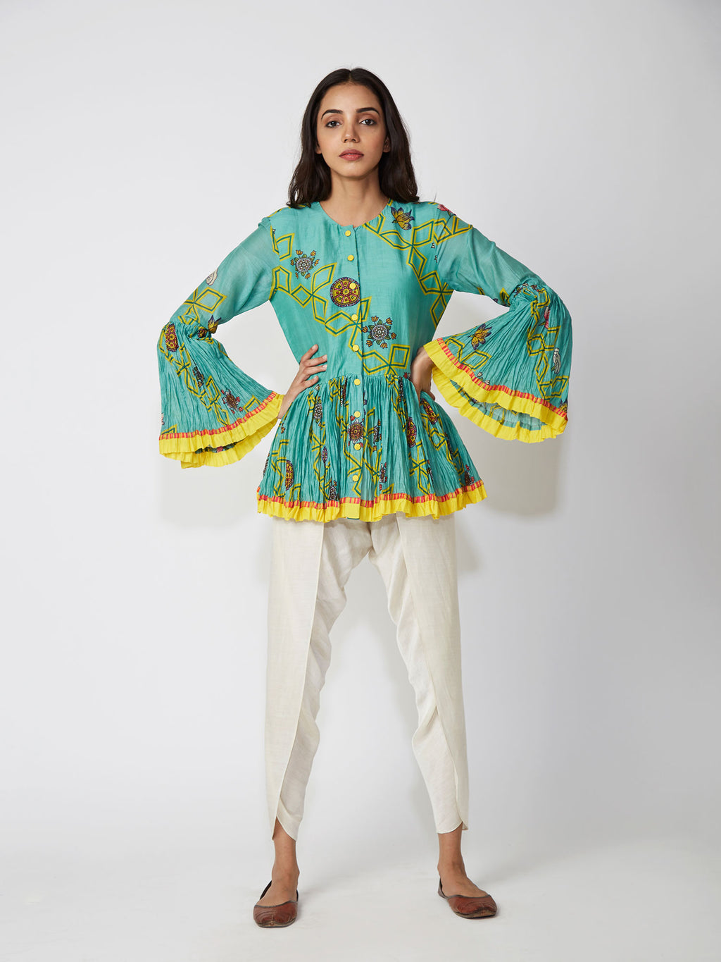 peplum, mint, printed, blouse, top, indowestern