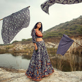 Morbagh Navy Printed Embroidered Lehenga With Crop Top