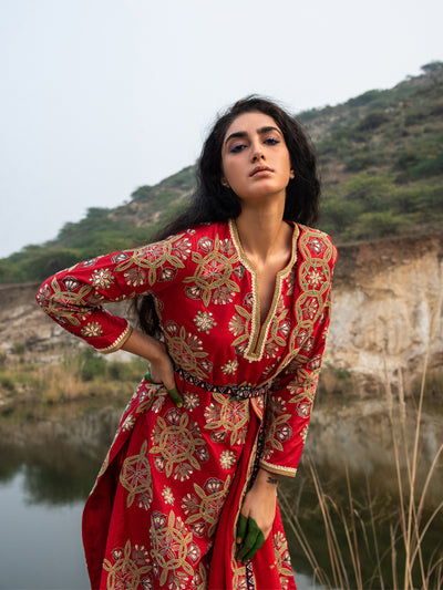 Kamal Red Embroidered Heavy Kurta, Pants And Dupatta
