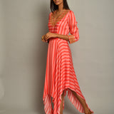 Pink Asymmetrical Printed Embroidered Stripe Dress