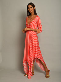 Pink Asymmetrical Printed Embroidered Stripe Dress