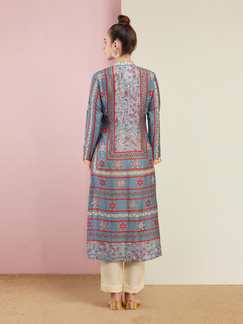 Grey Multi Triangle Embroidered Front Open Kurta with Pants