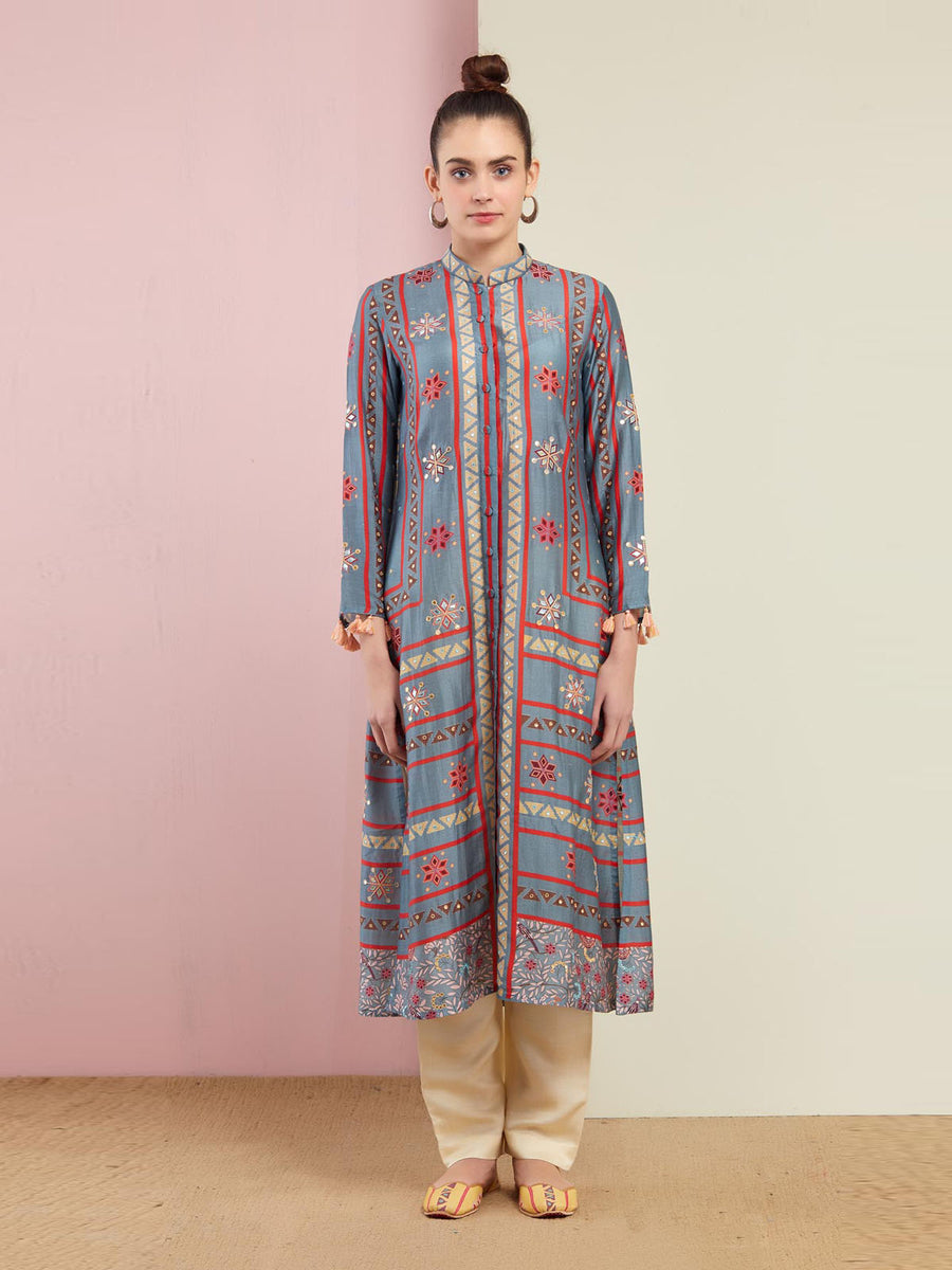 Morbagh Tribal Grey Multi Triangle Embroidered Front Open Kurta With Pants