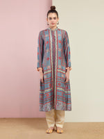 Grey Multi Triangle Embroidered Front Open Kurta with Pants