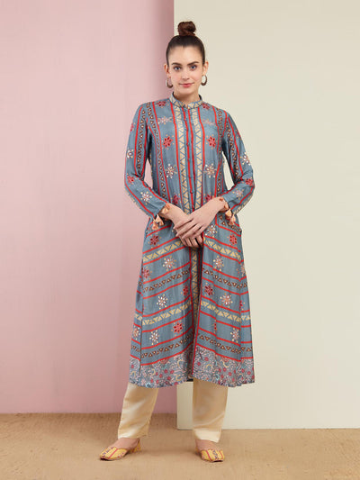 Morbagh Tribal Grey Multi Triangle Embroidered Front Open Kurta With Pants