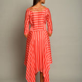 Pink Asymmetrical Printed Embroidered Stripe Dress