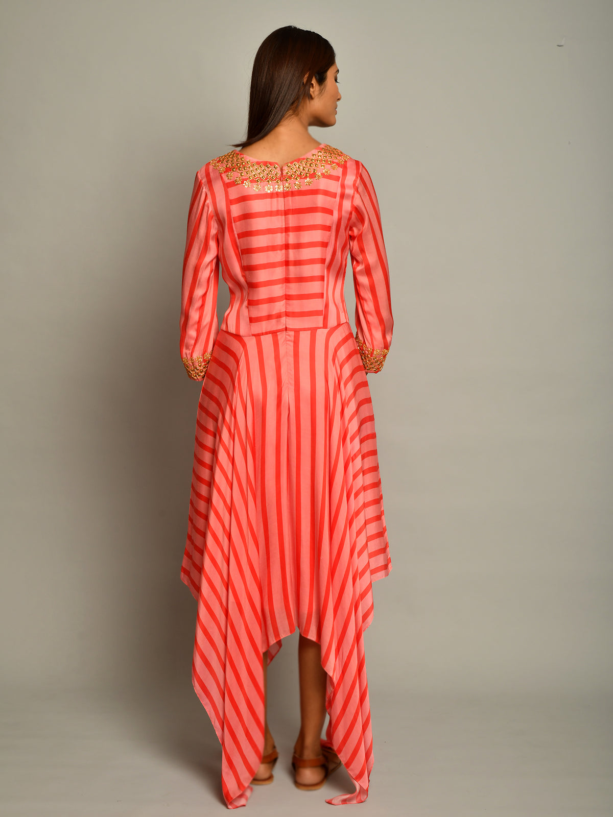 Pink Asymmetrical Printed Embroidered Stripe Dress