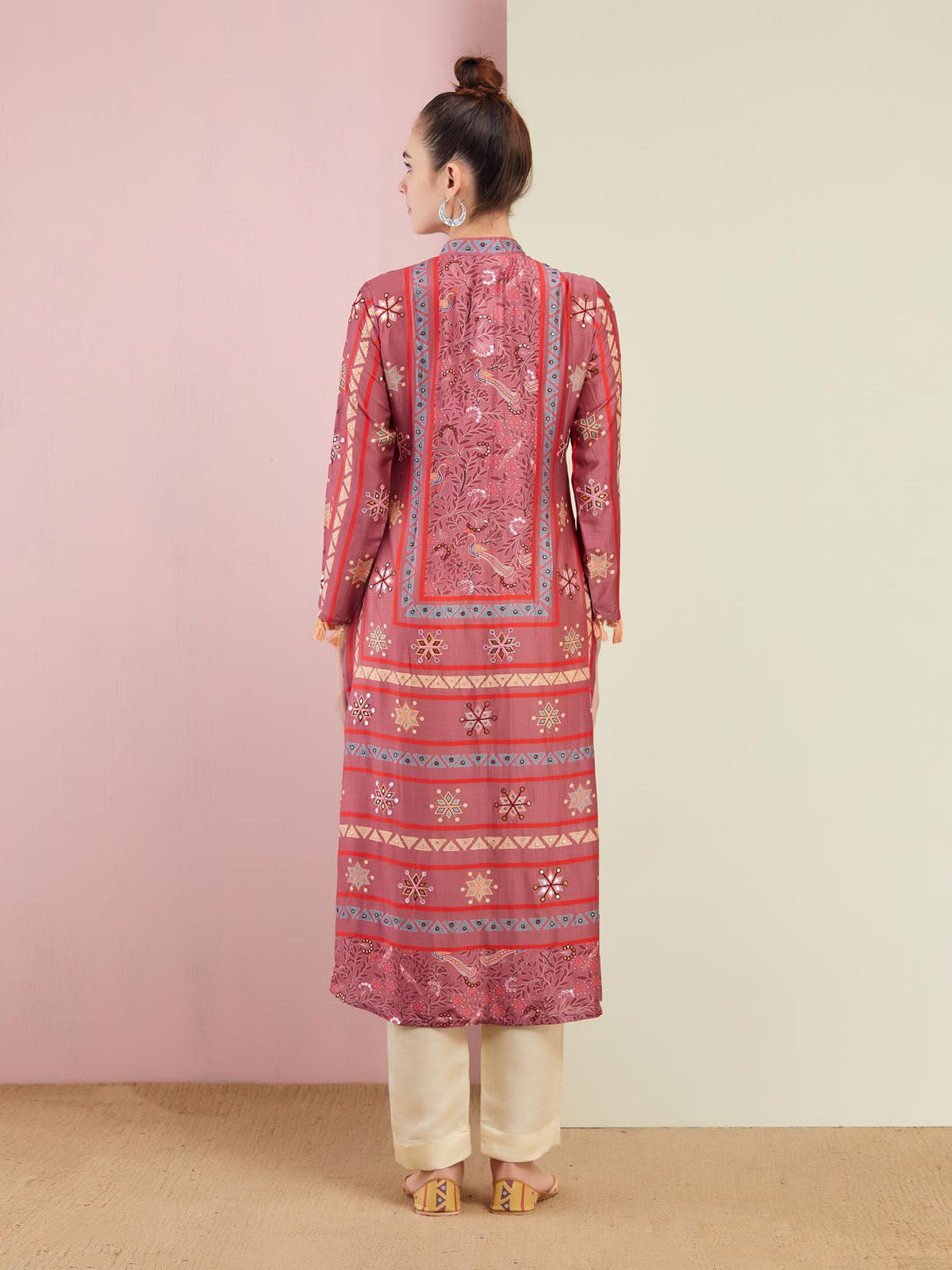 Rose Pink Multi Triangle Emb. Front Open Kurta With Pants