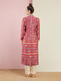 Rose Pink Multi Triangle Emb. Front Open Kurta With Pants
