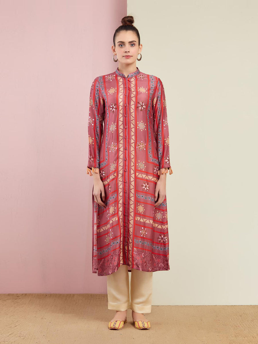 Rose Pink Multi Triangle Emb. Front Open Kurta With Pants