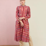 Rose Pink Multi Triangle Emb. Front Open Kurta With Pants