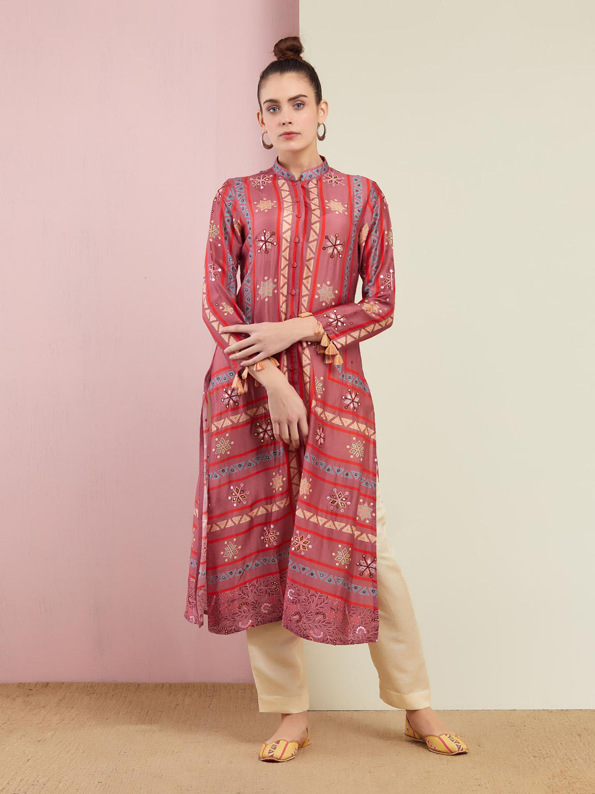 Rose Pink Multi Triangle Emb. Front Open Kurta With Pants
