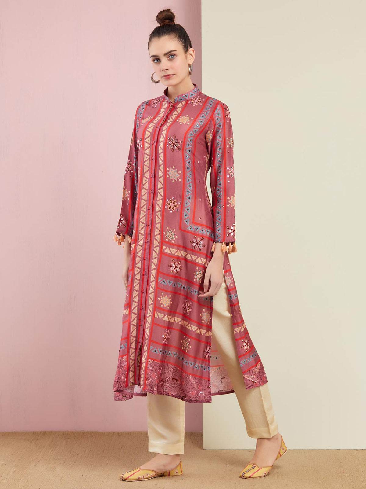 Rose Pink Multi Triangle Emb. Front Open Kurta With Pants