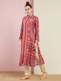 Rose Pink Multi Triangle Emb. Front Open Kurta With Pants
