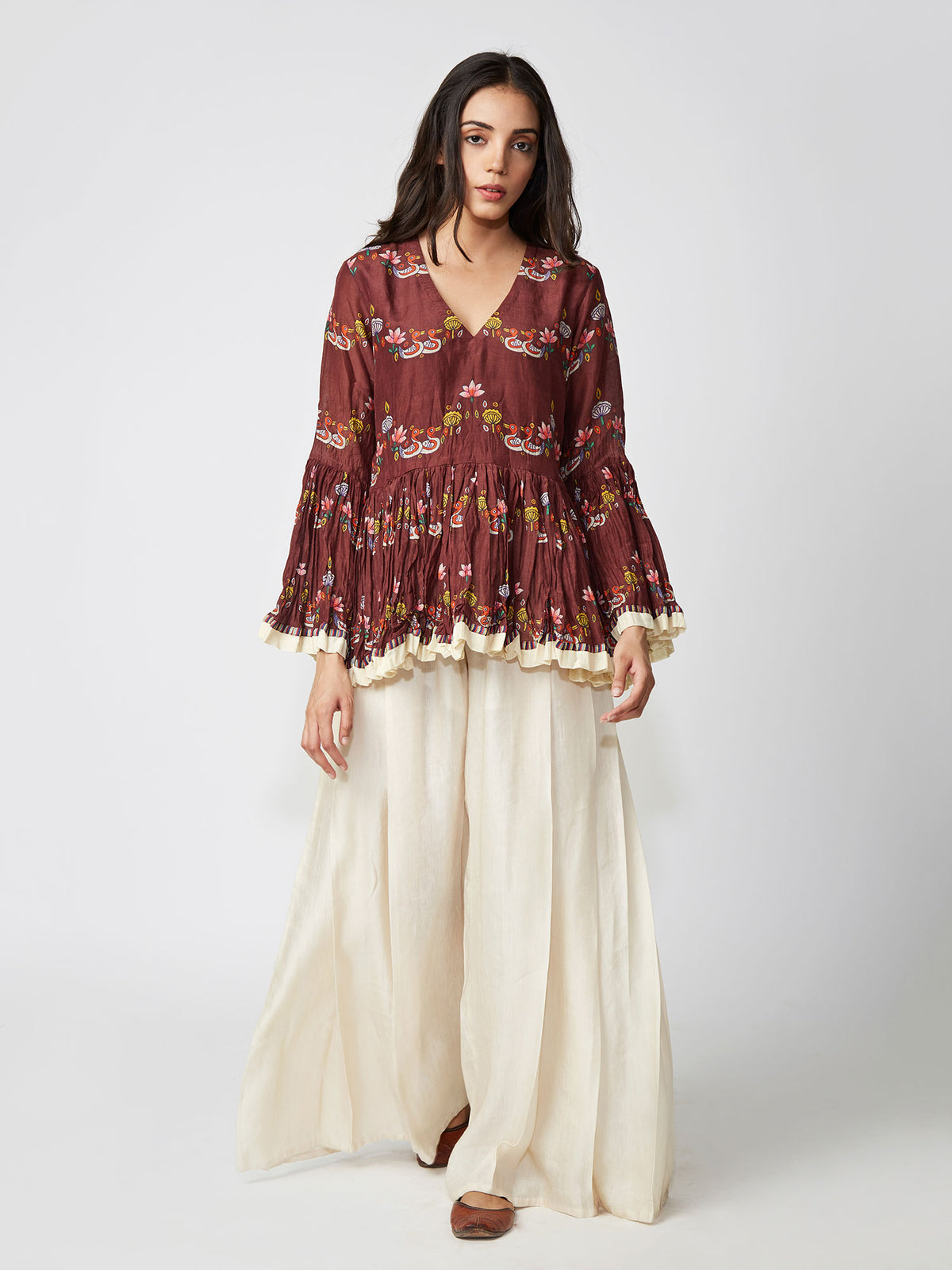 Mocha Scallop Print Peplum Shirt
