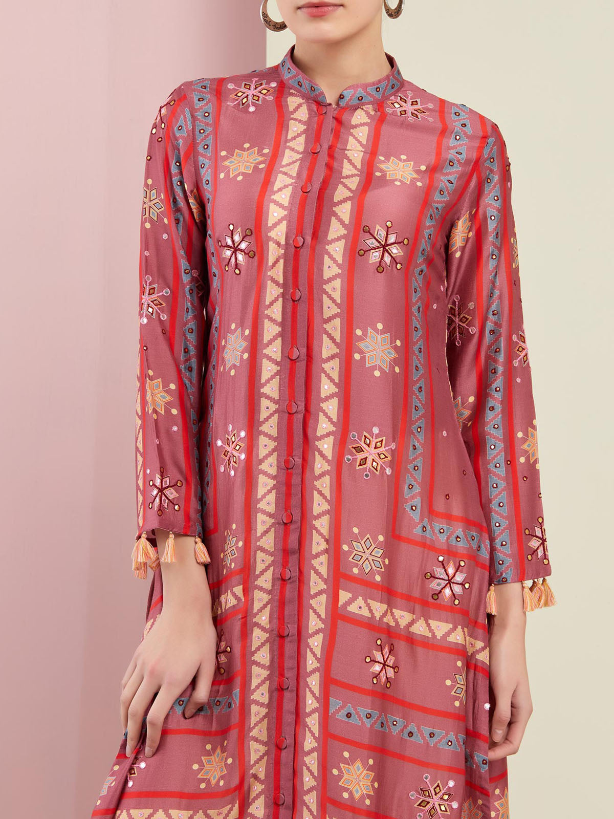 Rose Pink Multi Triangle Emb. Front Open Kurta With Pants