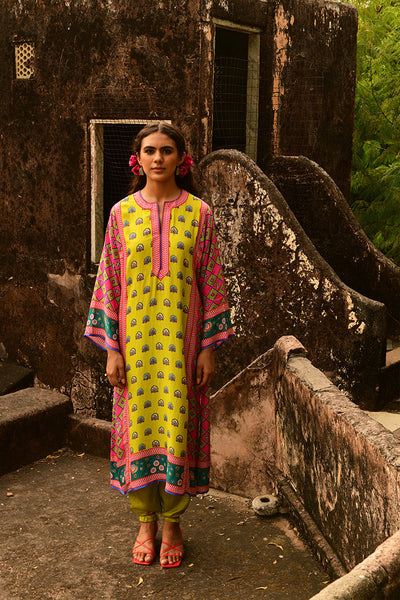 Printed Lime Green and Pink Kurta Set