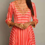Pink Asymmetrical Printed Embroidered Stripe Dress