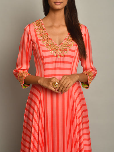 Pink Asymmetrical Printed Embroidered Stripe Dress