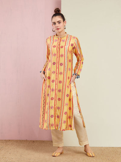 Morbagh Yellow Stripe Embroidered Front Open Kurta With Pants