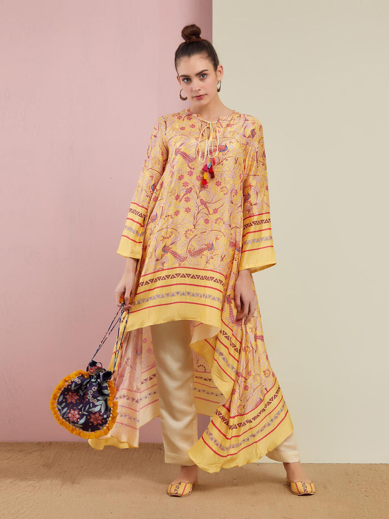 Yellow Morbagh Asymmetrical Embroidered Tunic