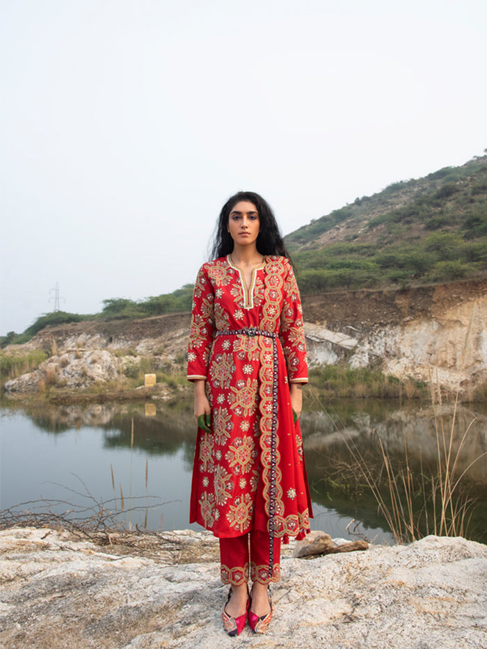 Kamal Red Embroidered Heavy Kurta, Pants and Dupatta