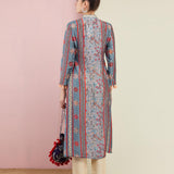 Grey Stripe Embroidered Front Open Kurta With Pants