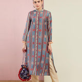 Grey Stripe Embroidered Front Open Kurta With Pants