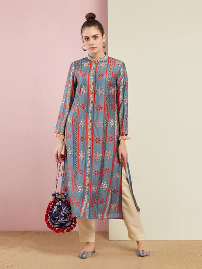 Grey Stripe Embroidered Front Open Kurta With Pants