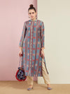 Grey Stripe Embroidered Front Open Kurta with Pants